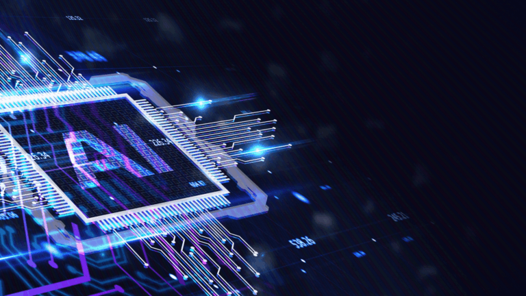 Un microchip digitale luminoso con la scritta "AI", circondato da circuiti futuristici al neon su uno sfondo scuro.