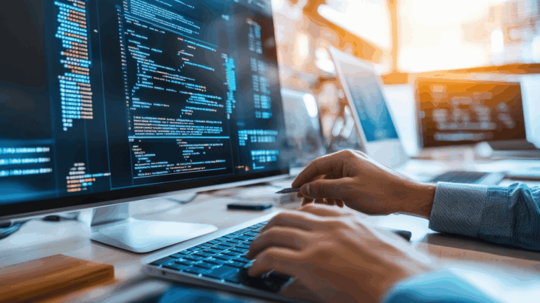 Professionista al lavoro davanti al pc sul cui schermo compaiono molte righe di codice.