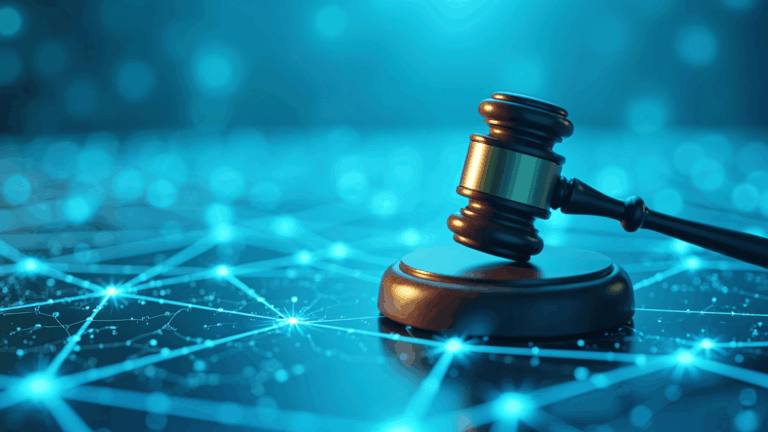 Rendering concettuale che rappresenta l'AI Act e la regolamentazione tecnologica. Un classico martelletto da giudice è posato su una superficie attraversata da una complessa rete di nodi e linee luminescenti.