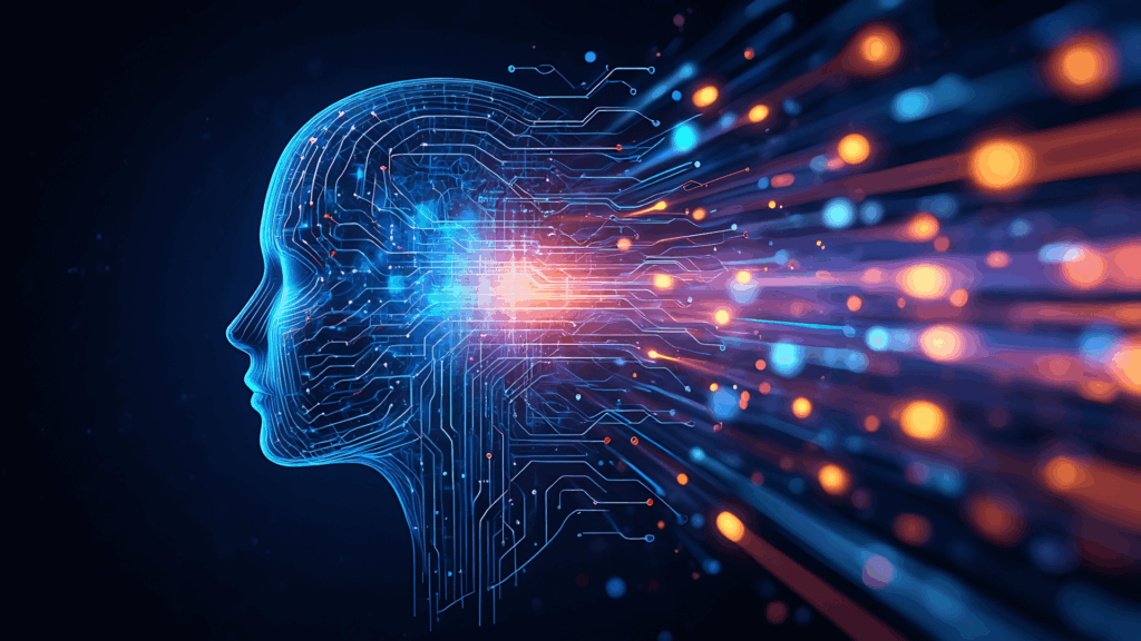 "Illustrazione 3D del profilo di una testa umana formata da circuiti digitali luminosi, con fasci di luce e flussi di dati che si sprigionano dalla mente verso l'esterno.