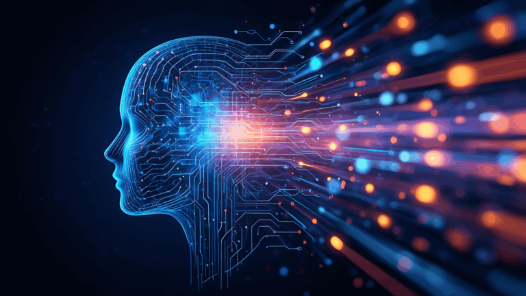 "Illustrazione 3D del profilo di una testa umana formata da circuiti digitali luminosi, con fasci di luce e flussi di dati che si sprigionano dalla mente verso l'esterno.