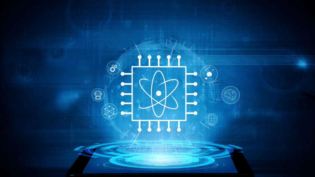 Illustrazione digitale di un ologramma raffigurante un processore quantistico e varie icone tecnologiche, che emerge da uno schermo luminoso.