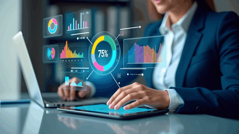 Professionista al lavoro su un tablet con proiezioni olografiche di grafici e dati.