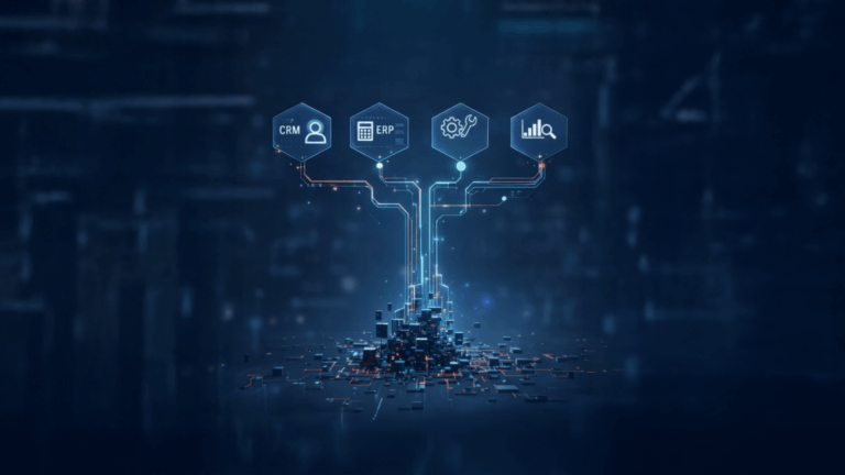 API e automazioni sorgono come un albero tecnologico da un suolo metallico coperto di microchip.