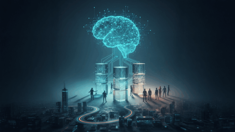 Cervello dell'AI connesso a strutture dati, circondato da piccole persone in uno scenario urbano notturno