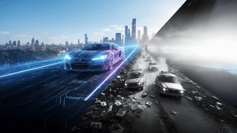 Città con macchina futuristica da un lato, dall'altro una coda di vecchie auto.
