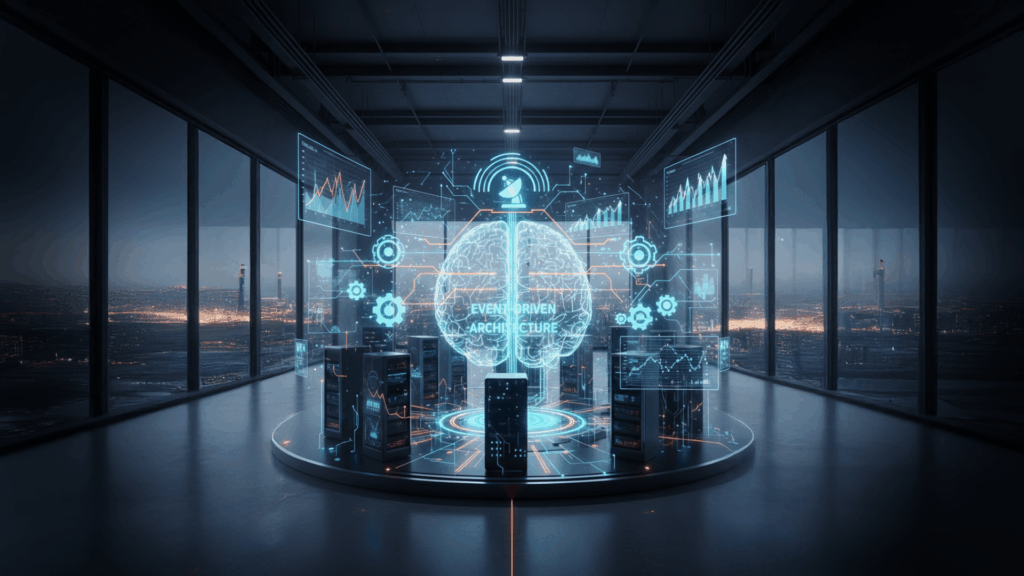 Rappresentazione olografica di un cervello digitale con la scritta 'Event-Driven Architecture' all'interno di un moderno data center notturno con vista sulla città