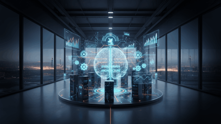 Rappresentazione olografica di un cervello digitale con la scritta 'Event-Driven Architecture' all'interno di un moderno data center notturno con vista sulla città